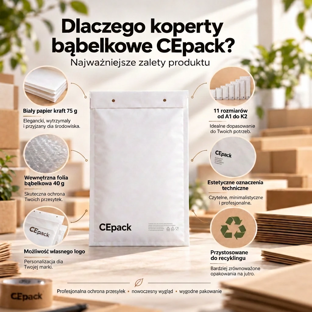 Infografika przedstawiająca najważniejsze zalety papierowych kopert bąbelkowych CEpack